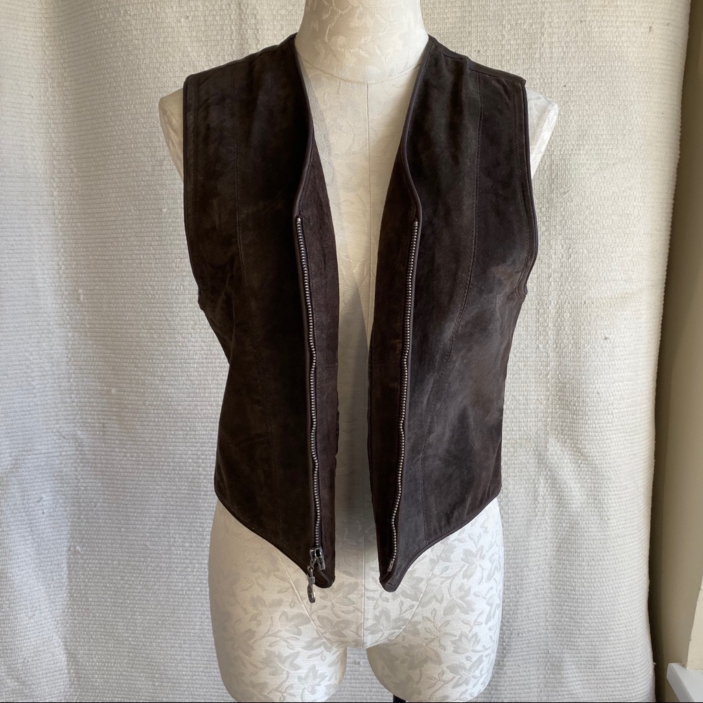 Vintage Vest S Suede Leather Sleeveless Top Brown